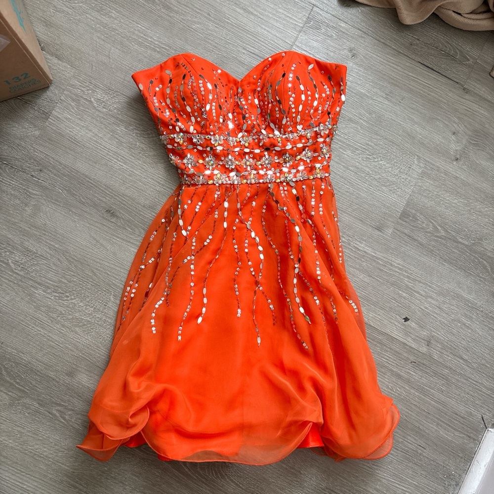 Mori Lee Vibrant Orange Strapless Dress